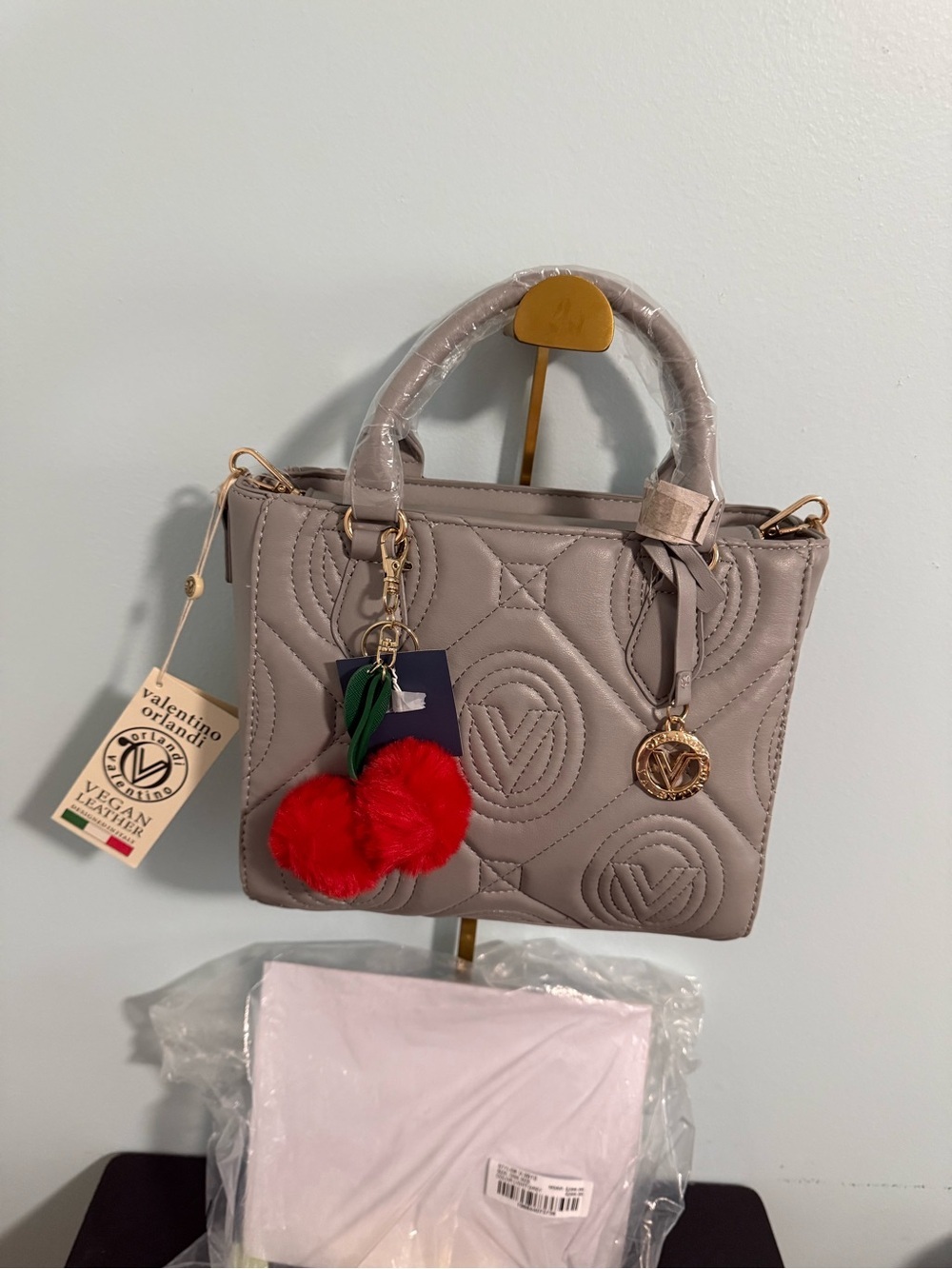 Valentino Orlandi light grey Quilted Satchel with FREE Red Pom Cherry Charm! NWT